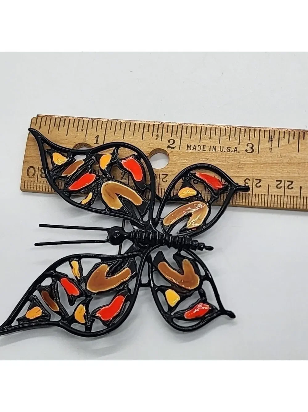Vintage large black metal enamel Butterfly brooch pin unique